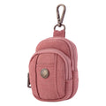 Miniature vertical canvas bag charm with zipper compartments and clip used as a small coin purse