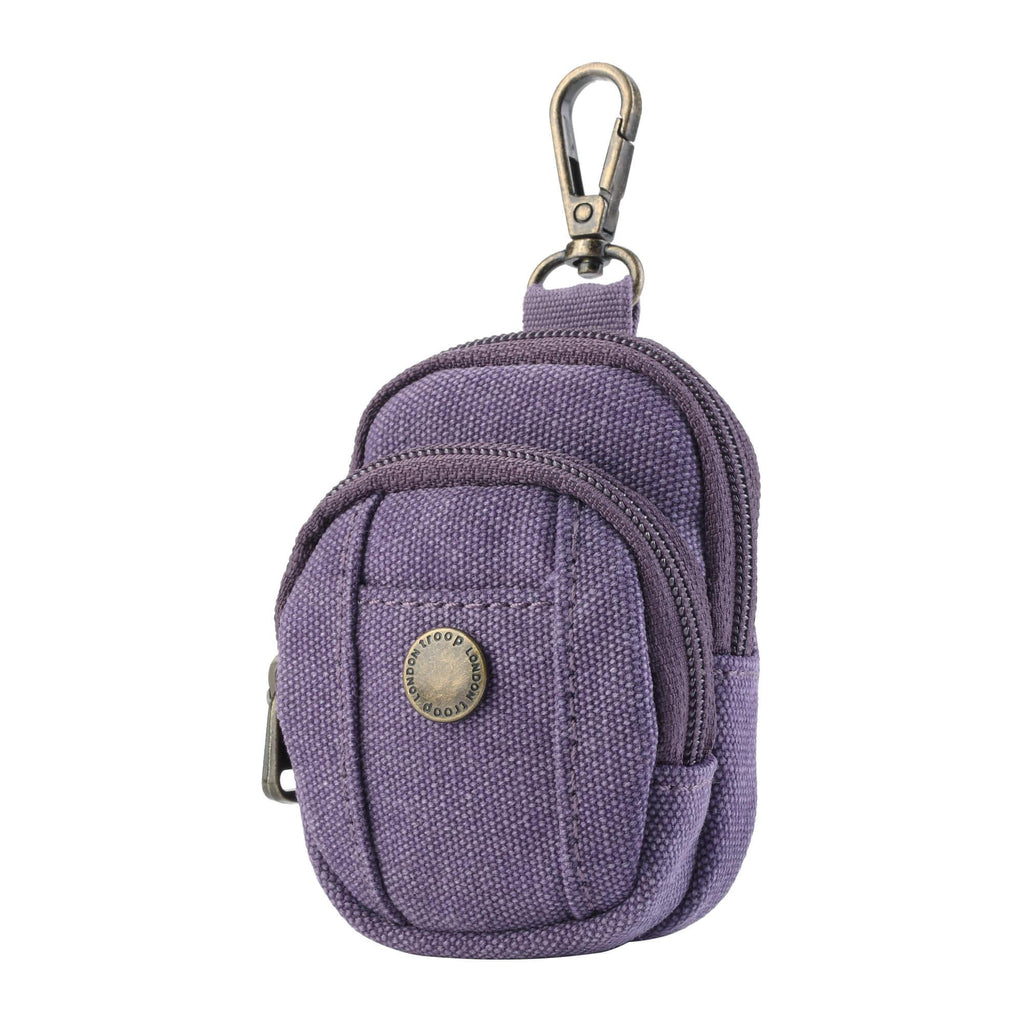 Miniature vertical canvas bag charm with zipper compartments and clip used as a small coin purse — view 5