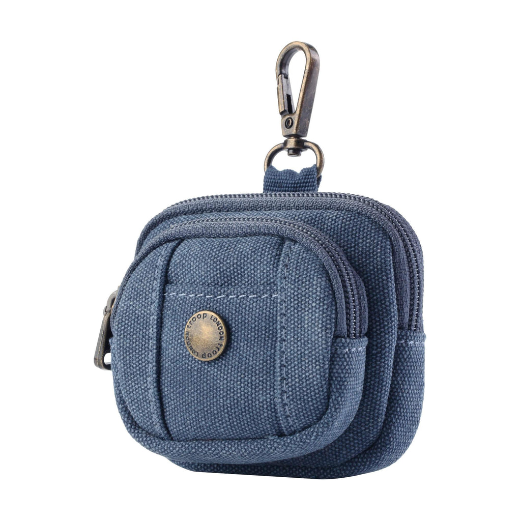 Miniature stonewashed canvas bag charm with dual zippers acting as a coin purse or AirPods case