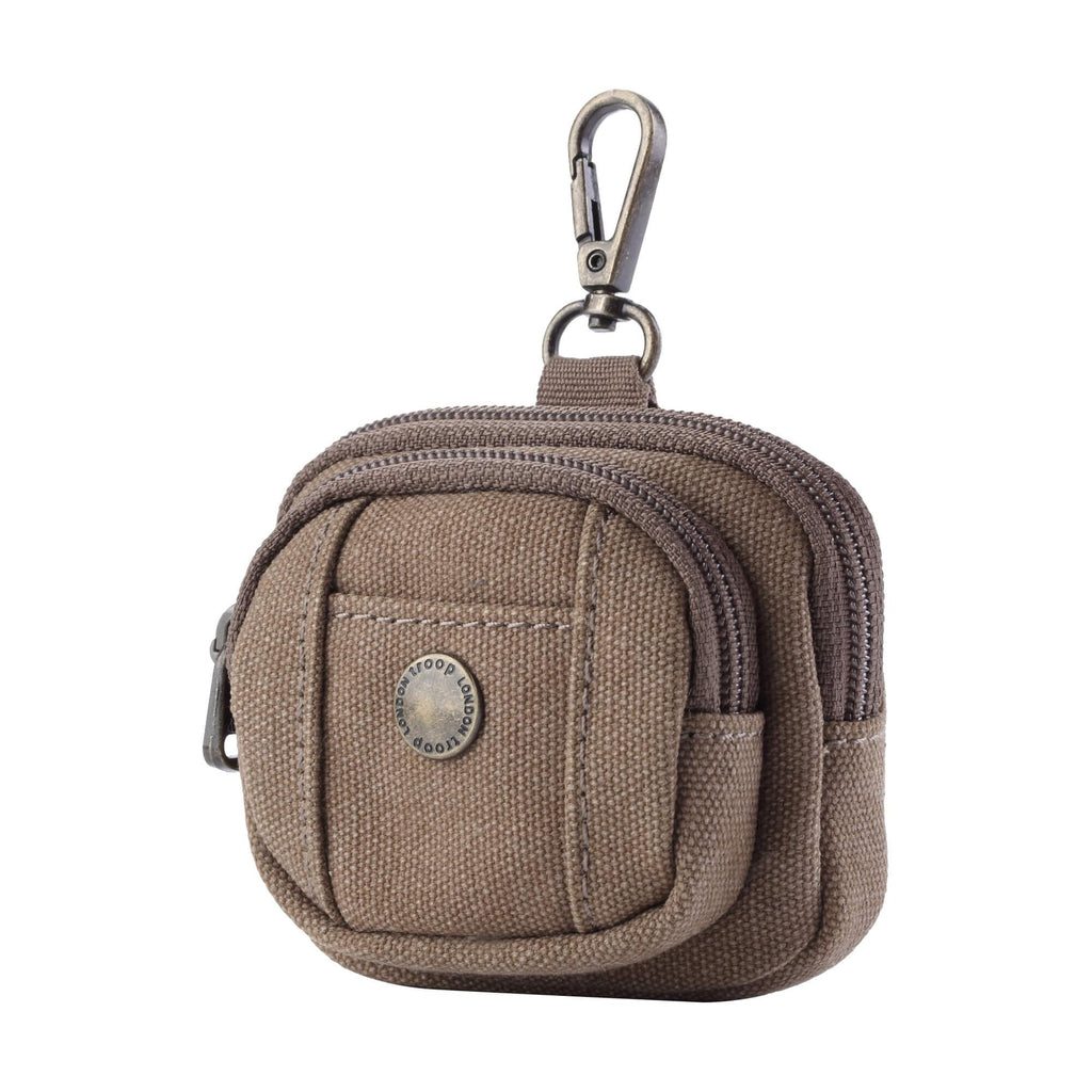 Miniature stonewashed canvas bag charm with dual zippers acting as a coin purse or AirPods case — view 2