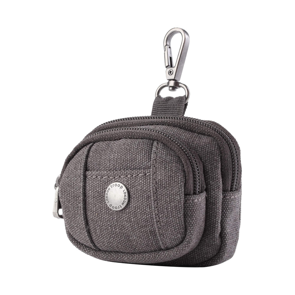 Miniature stonewashed canvas bag charm with dual zippers acting as a coin purse or AirPods case — view 3