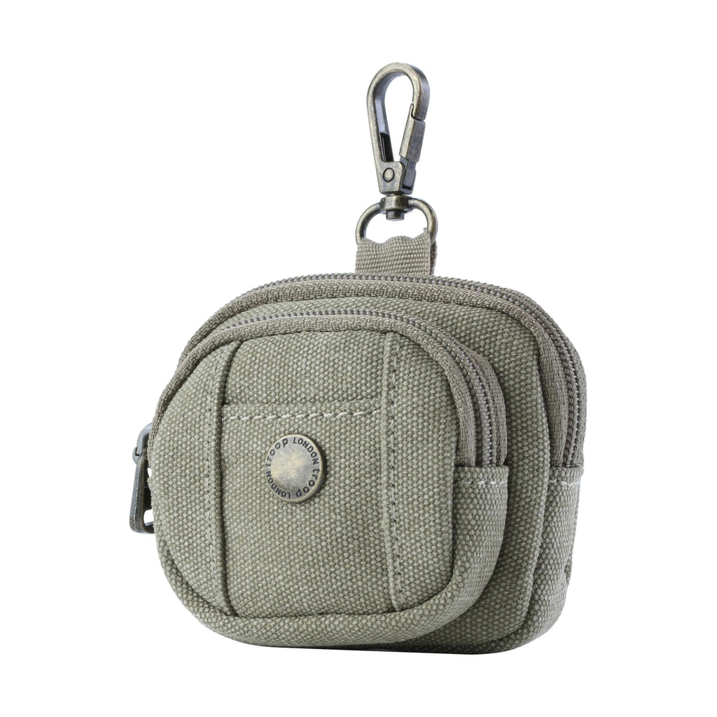 Miniature stonewashed canvas bag charm with dual zippers acting as a coin purse or AirPods case — view 5