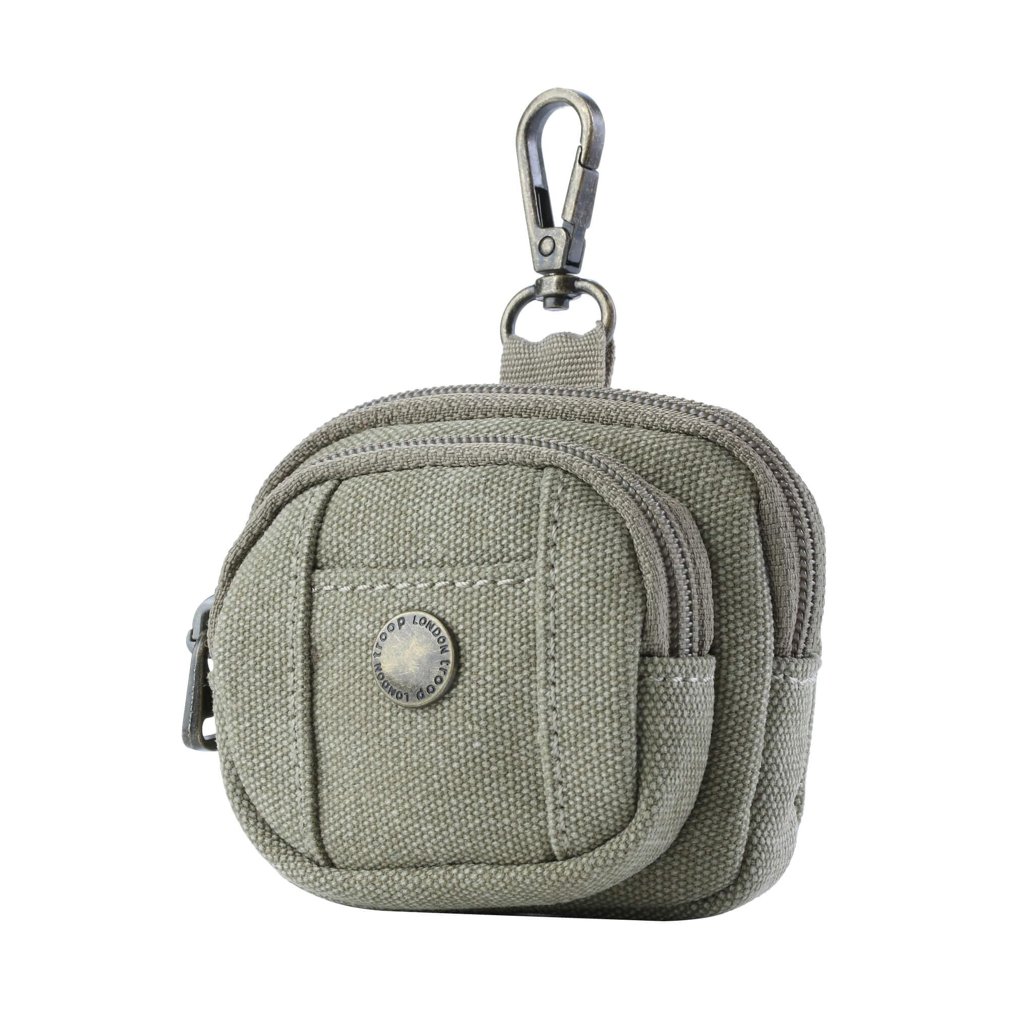Miniature stonewashed canvas bag charm with dual zippers acting as a coin purse or AirPods case — view 5