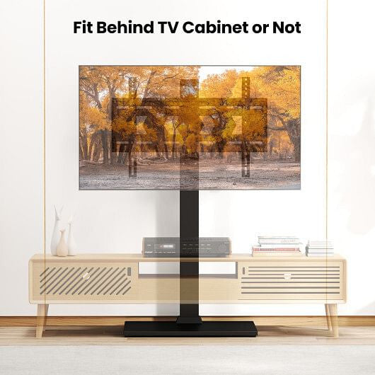 Black metal height adjustable floor TV stand with an AV shelf for flat screens. — view 4