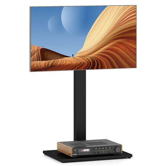 Black metal height adjustable floor TV stand with an AV shelf for flat screens. — view 5