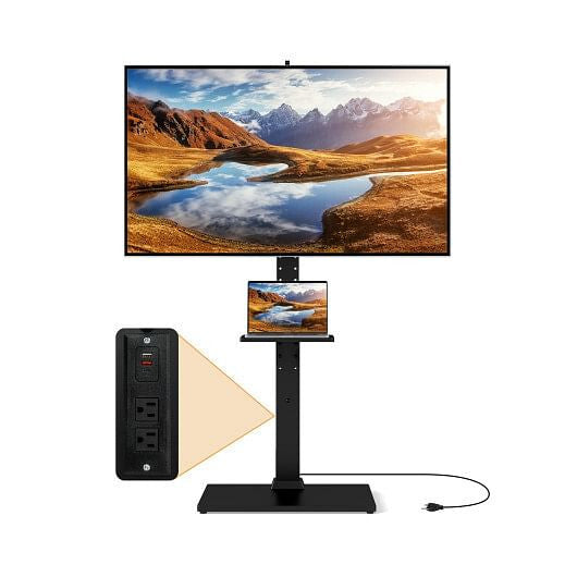 Black adjustable floor TV stand with built in power outlet, media shelves, and flat screen — view 3