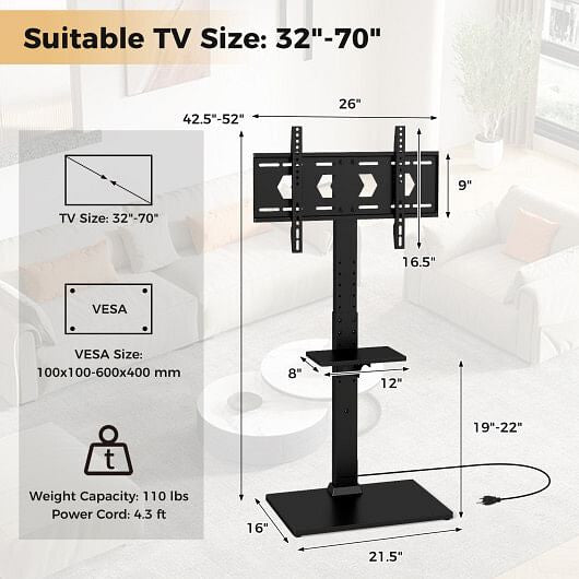 Black adjustable floor TV stand with built in power outlet, media shelves, and flat screen — view 4