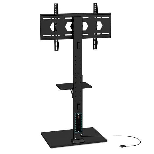 Black adjustable floor TV stand with built in power outlet, media shelves, and flat screen — view 5