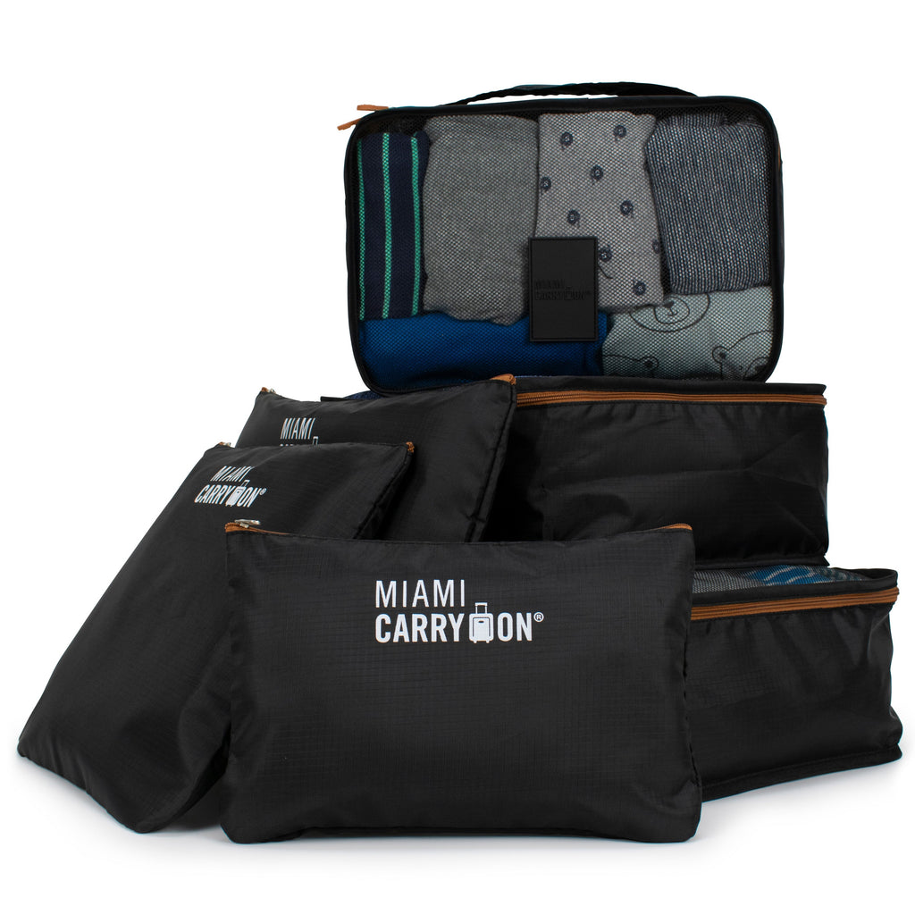 Six piece foldable polyester packing cube set and laundry pouches for suitcase organization