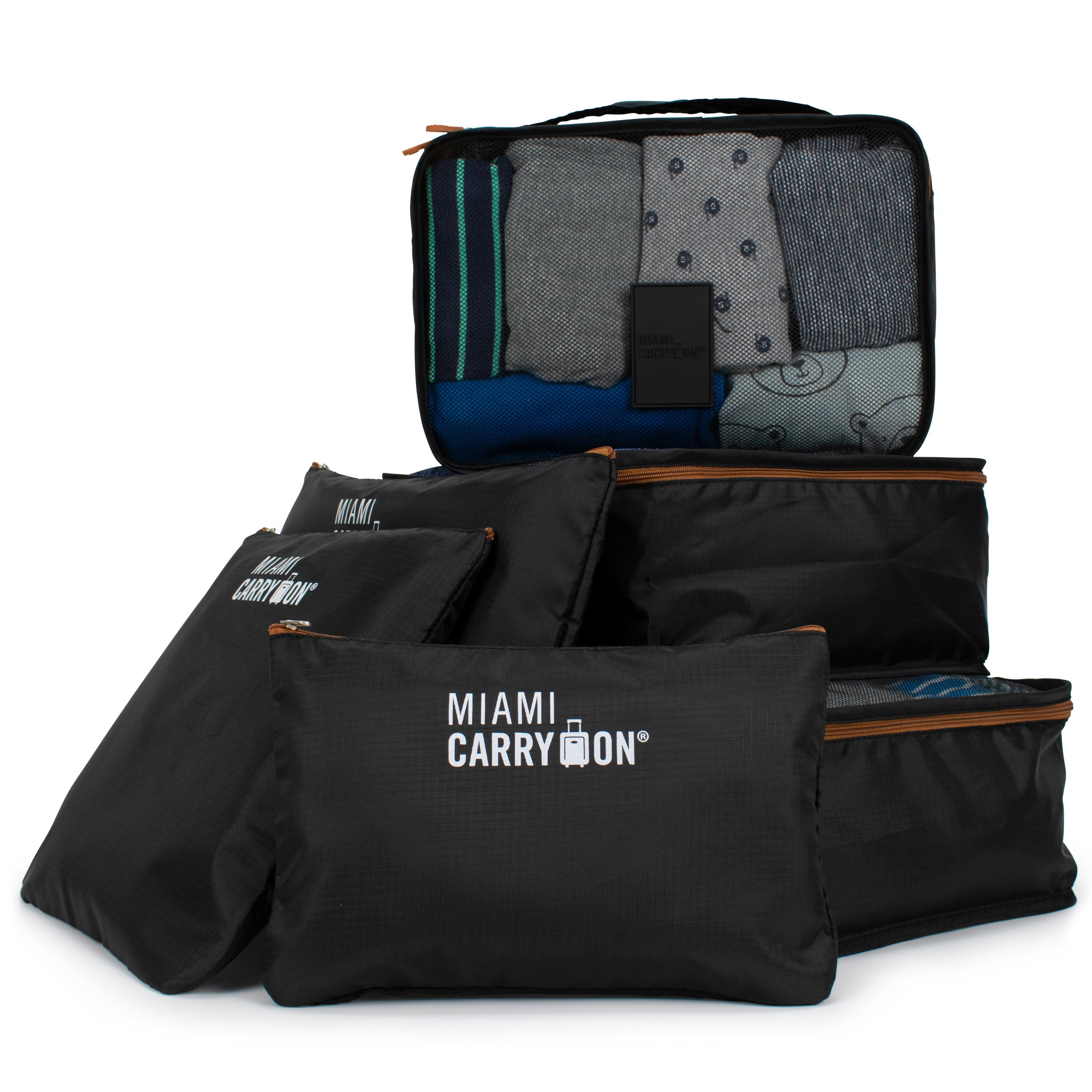 Six piece foldable polyester packing cube set and laundry pouches for suitcase organization