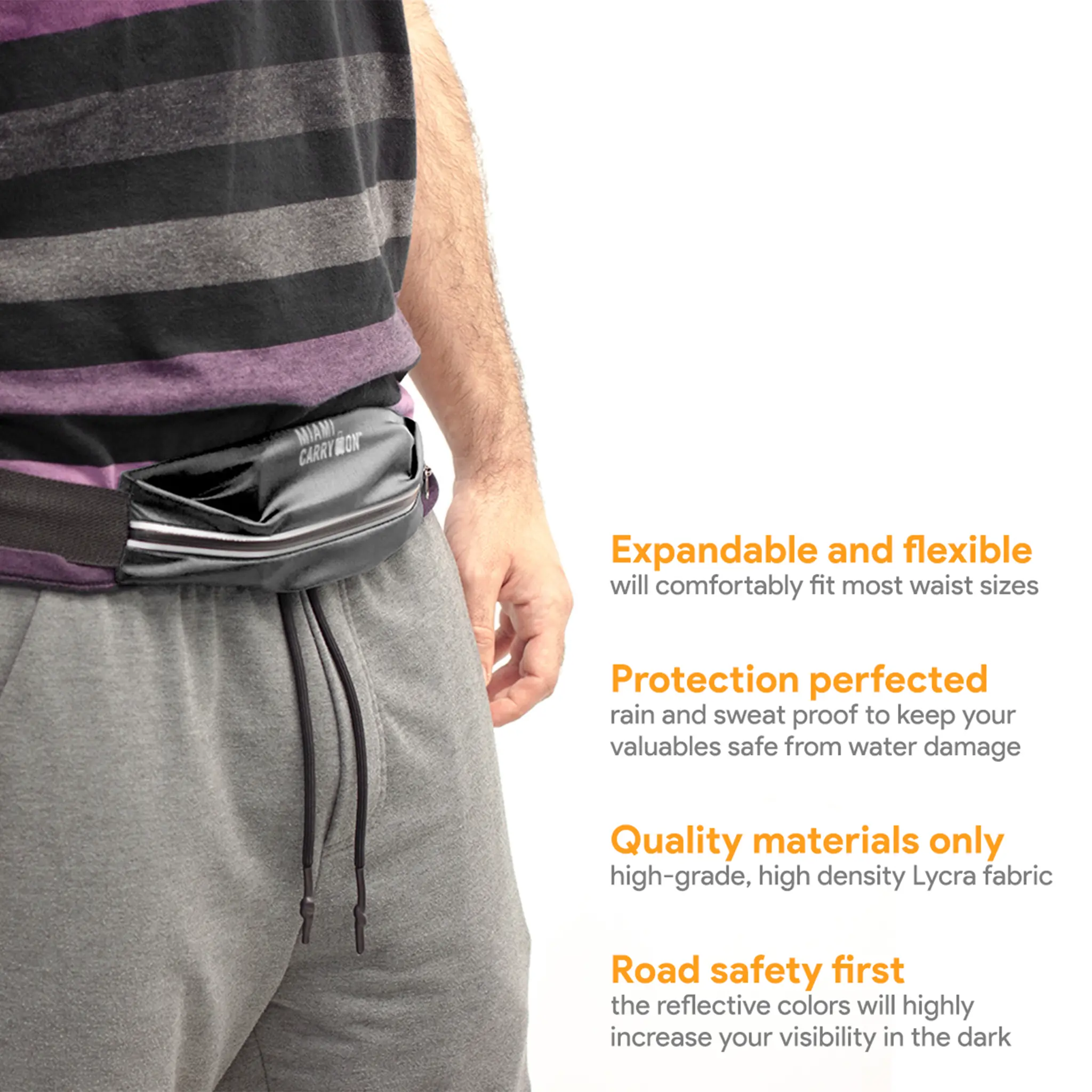 Water-resistant black Lycra workout belt bag with adjustable strap and reflective safety strip — view 3