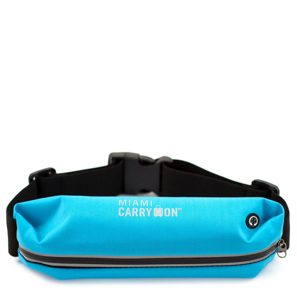 Water-resistant black Lycra workout belt bag with adjustable strap and reflective safety strip — view 5