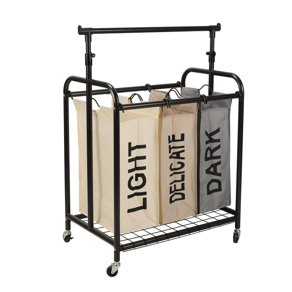 Rolling laundry sorter with three bags, metal frame, and adjustable hanging bar on caster wheels — view 2