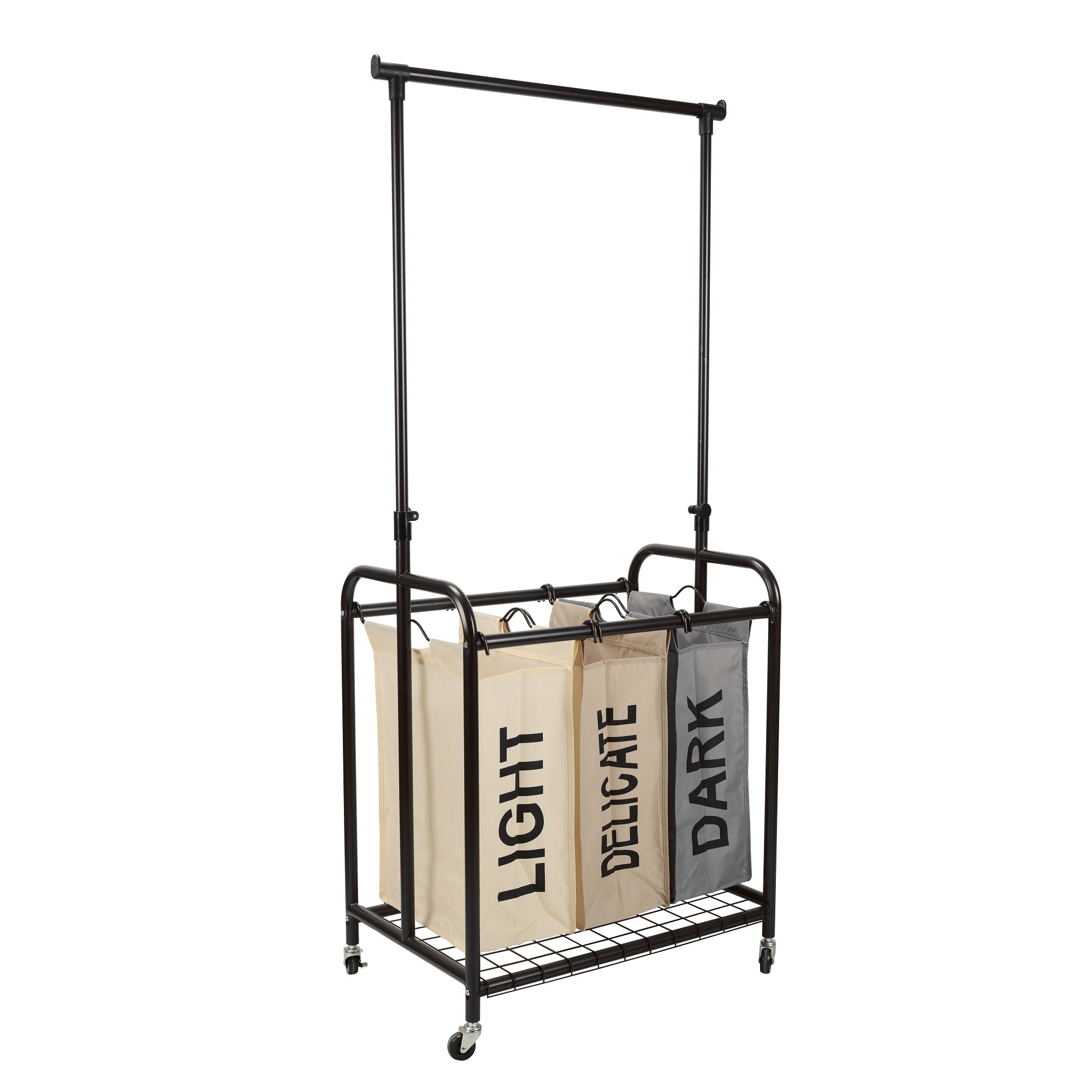 Rolling laundry sorter with three bags, metal frame, and adjustable hanging bar on caster wheels — view 3