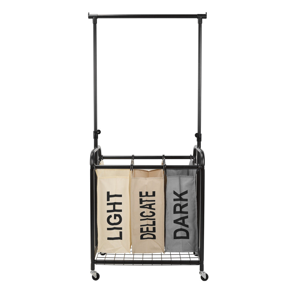 Rolling laundry sorter with three bags, metal frame, and adjustable hanging bar on caster wheels — view 4