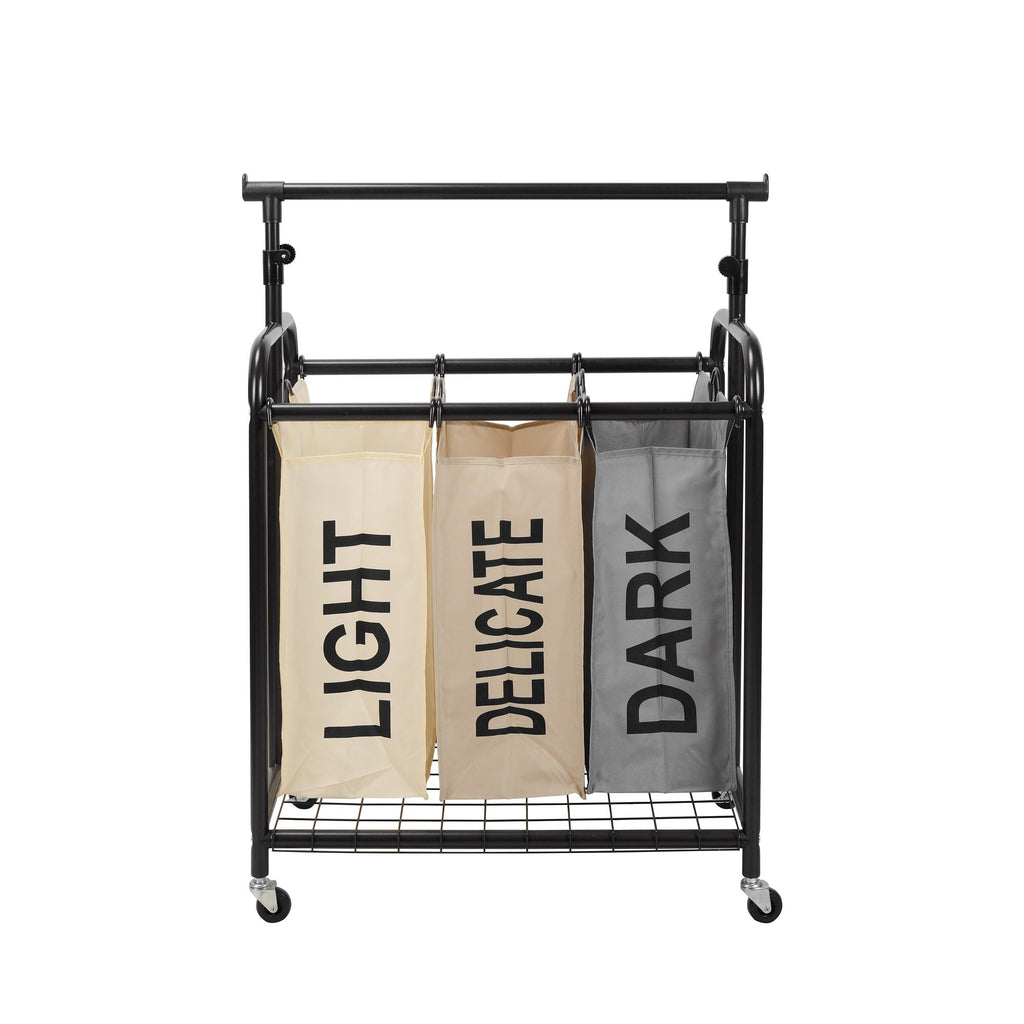 Rolling laundry sorter with three bags, metal frame, and adjustable hanging bar on caster wheels — view 6