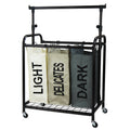 Rolling laundry sorter with three bags, metal frame, and adjustable hanging bar on caster wheels