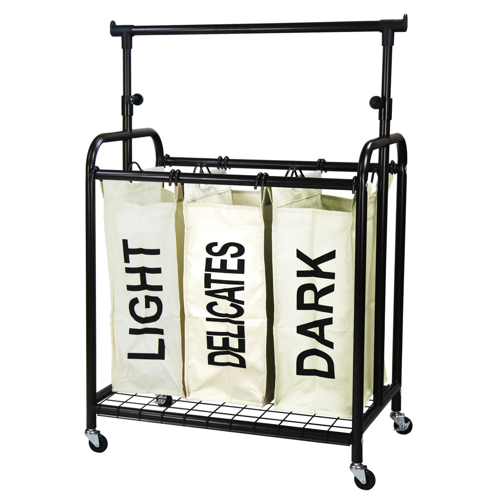 White 3-bag rolling laundry sorter with metal frame and adjustable hanging bar for home organization