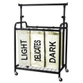 White 3-bag rolling laundry sorter with metal frame and adjustable hanging bar for home organization