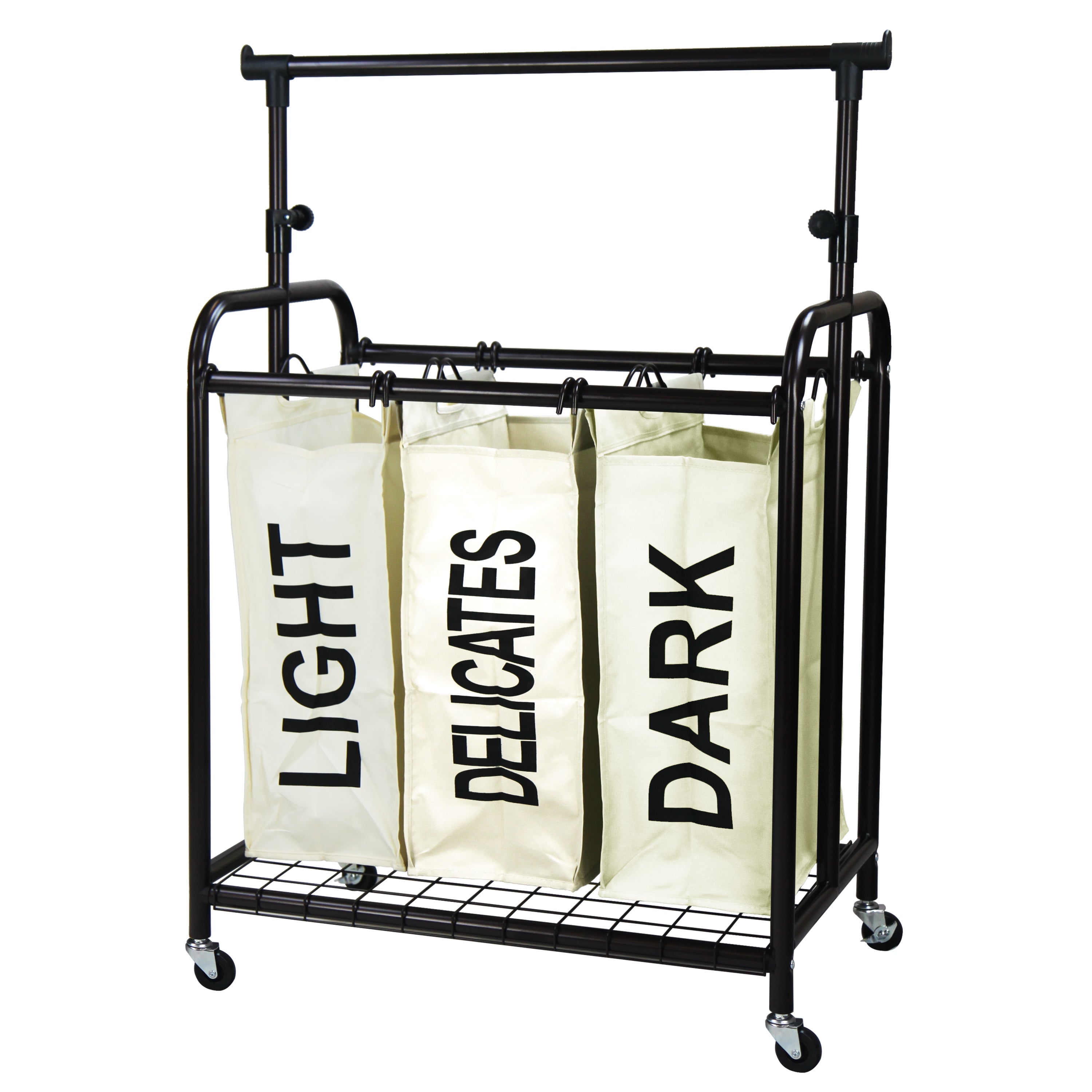 White 3-bag rolling laundry sorter with metal frame and adjustable hanging bar for home organization