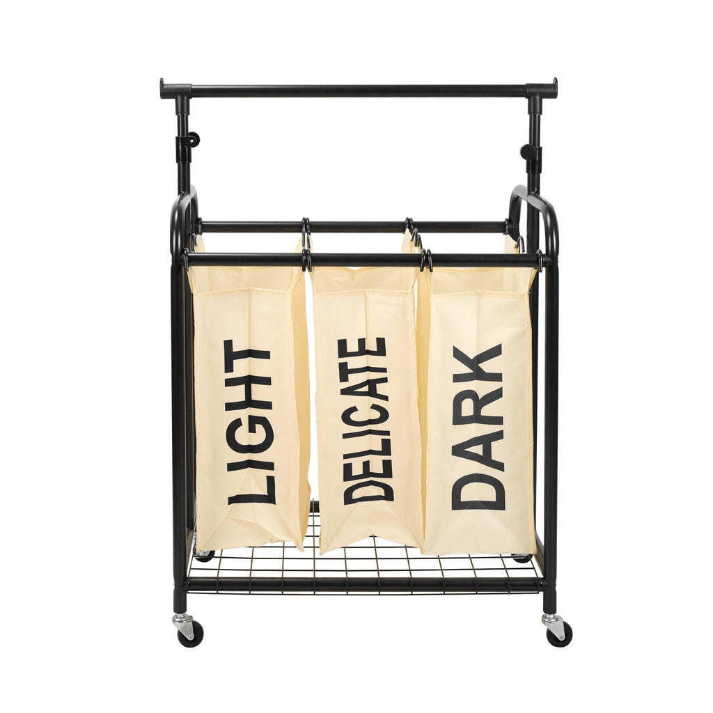White 3-bag rolling laundry sorter with metal frame and adjustable hanging bar for home organization — view 2