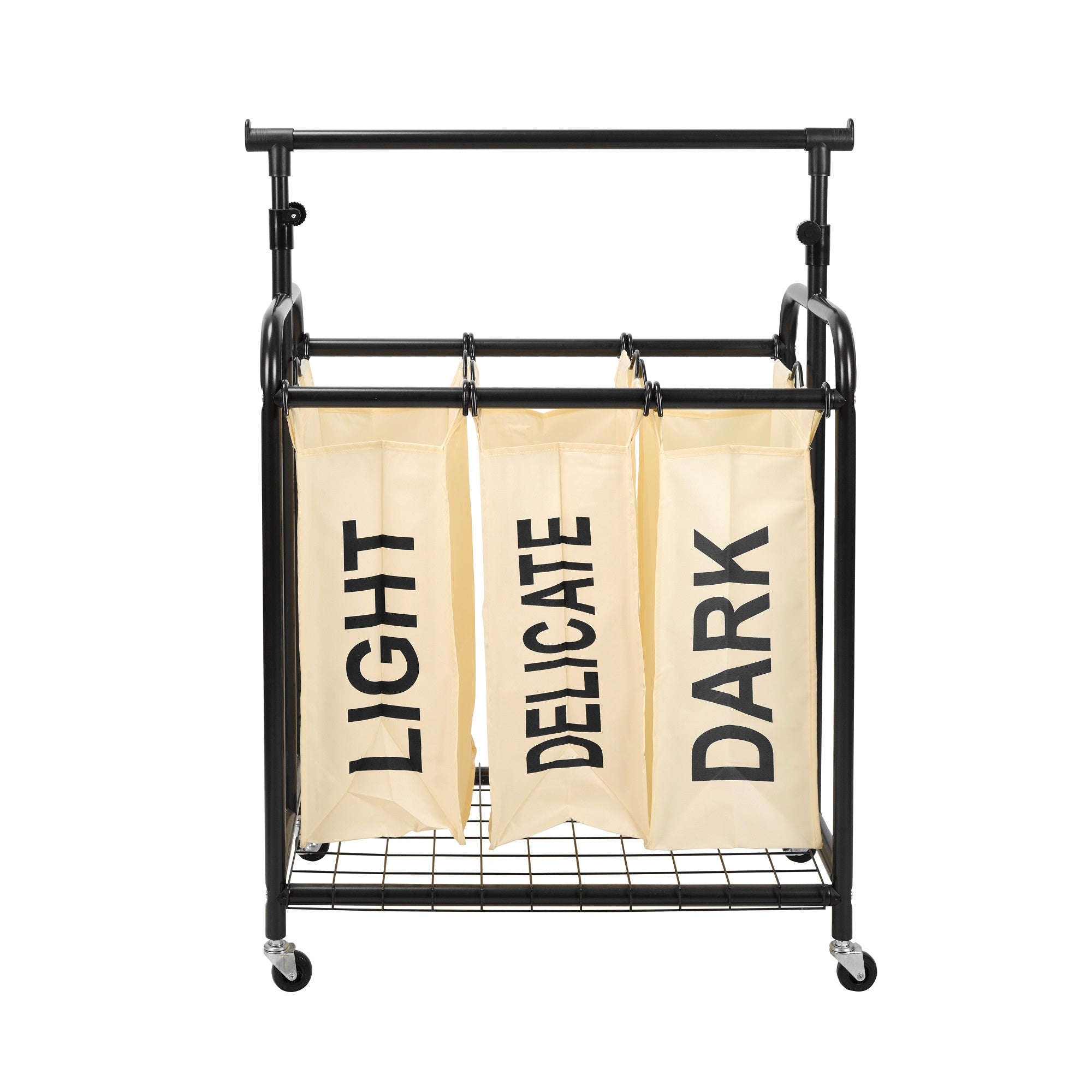 White 3-bag rolling laundry sorter with metal frame and adjustable hanging bar for home organization — view 2