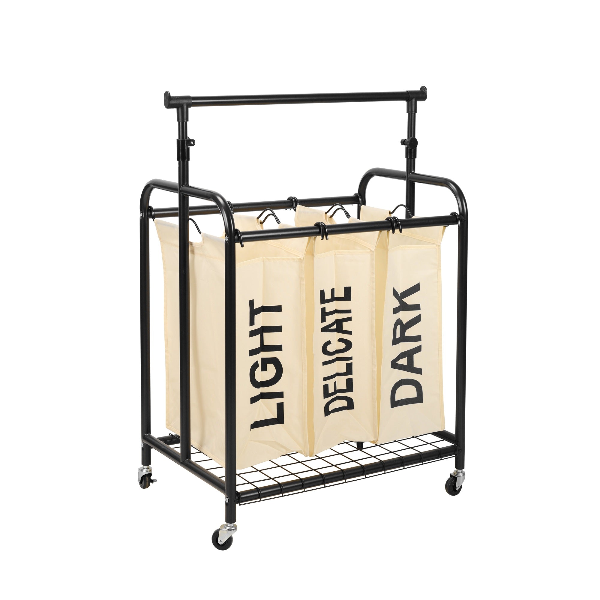 White 3-bag rolling laundry sorter with metal frame and adjustable hanging bar for home organization — view 3