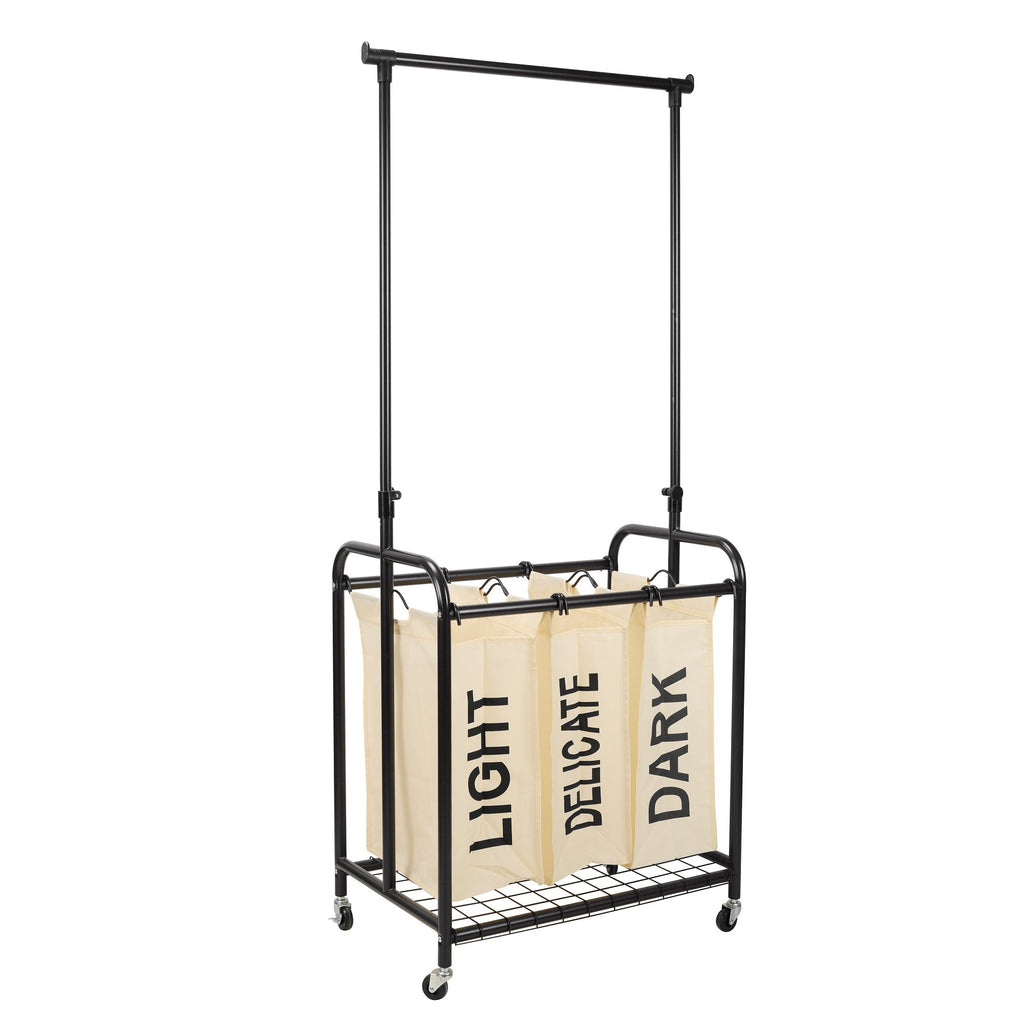 White 3-bag rolling laundry sorter with metal frame and adjustable hanging bar for home organization — view 4