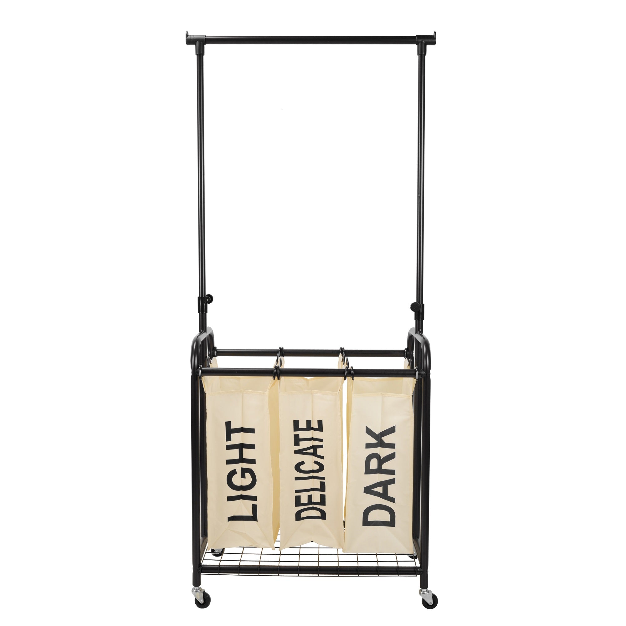 White 3-bag rolling laundry sorter with metal frame and adjustable hanging bar for home organization — view 5
