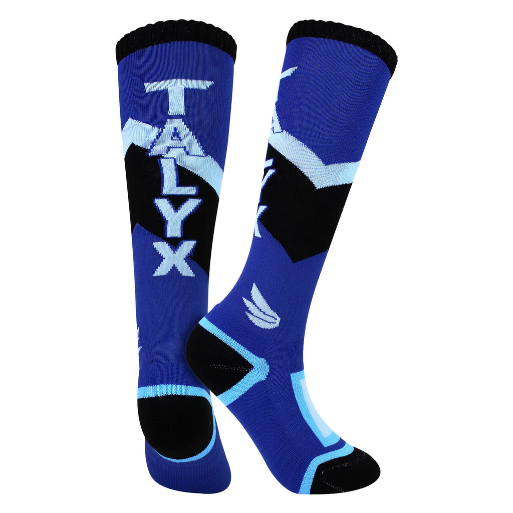 Boys thermal ski socks in blue and navy with cushioned foot and reinforced heel