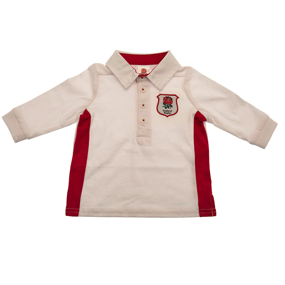 England RFU baby rugby jersey in white with embroidered red rose crest and printed sponsor. — view 2