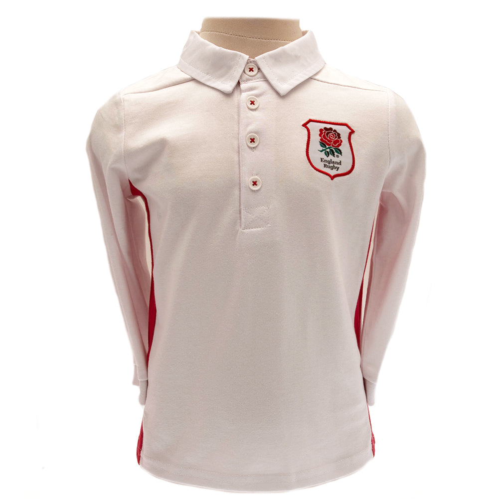 England RFU baby rugby jersey in white with embroidered red rose crest and printed sponsor.