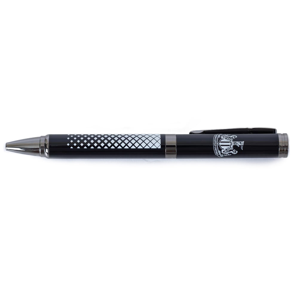 Black metal Newcastle United FC tactical ballpoint pen featuring official white club crest and pocket clip — view 2