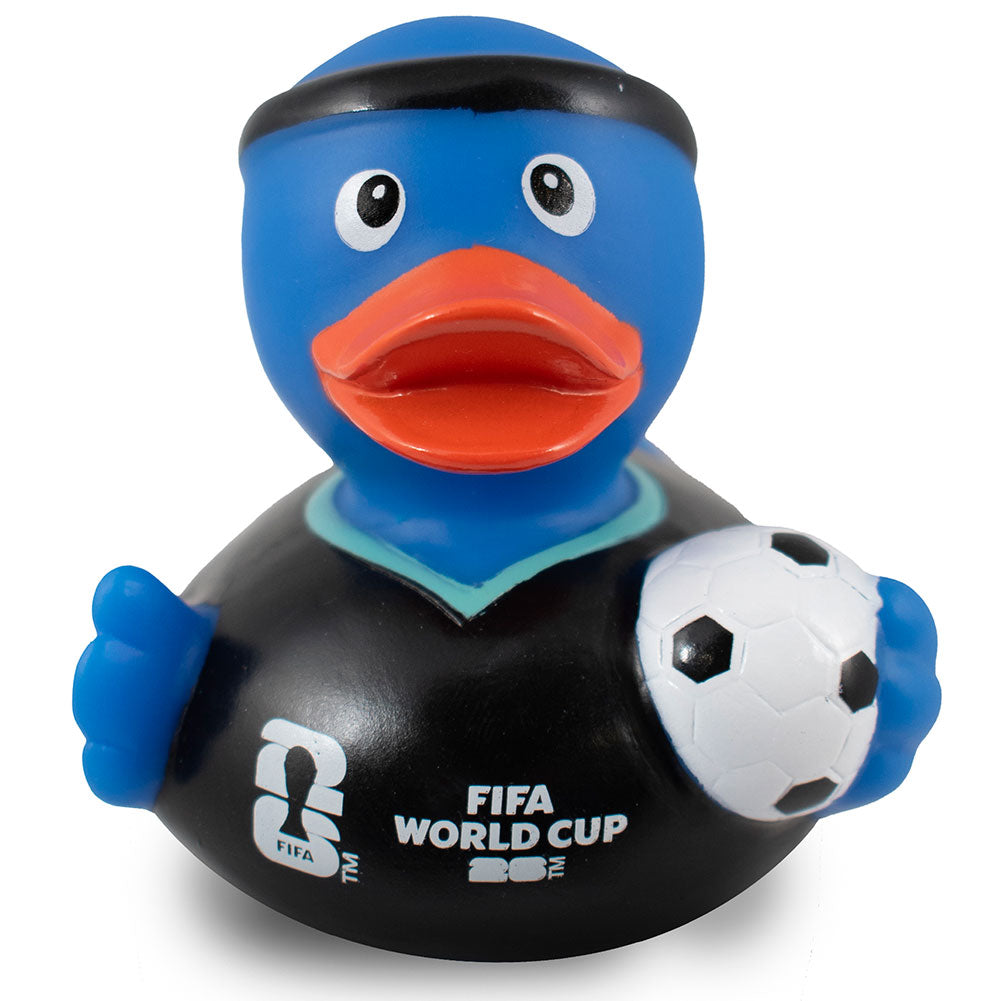 Blue FIFA World Cup 2026 rubber duck in a black referee kit holding a football — view 2