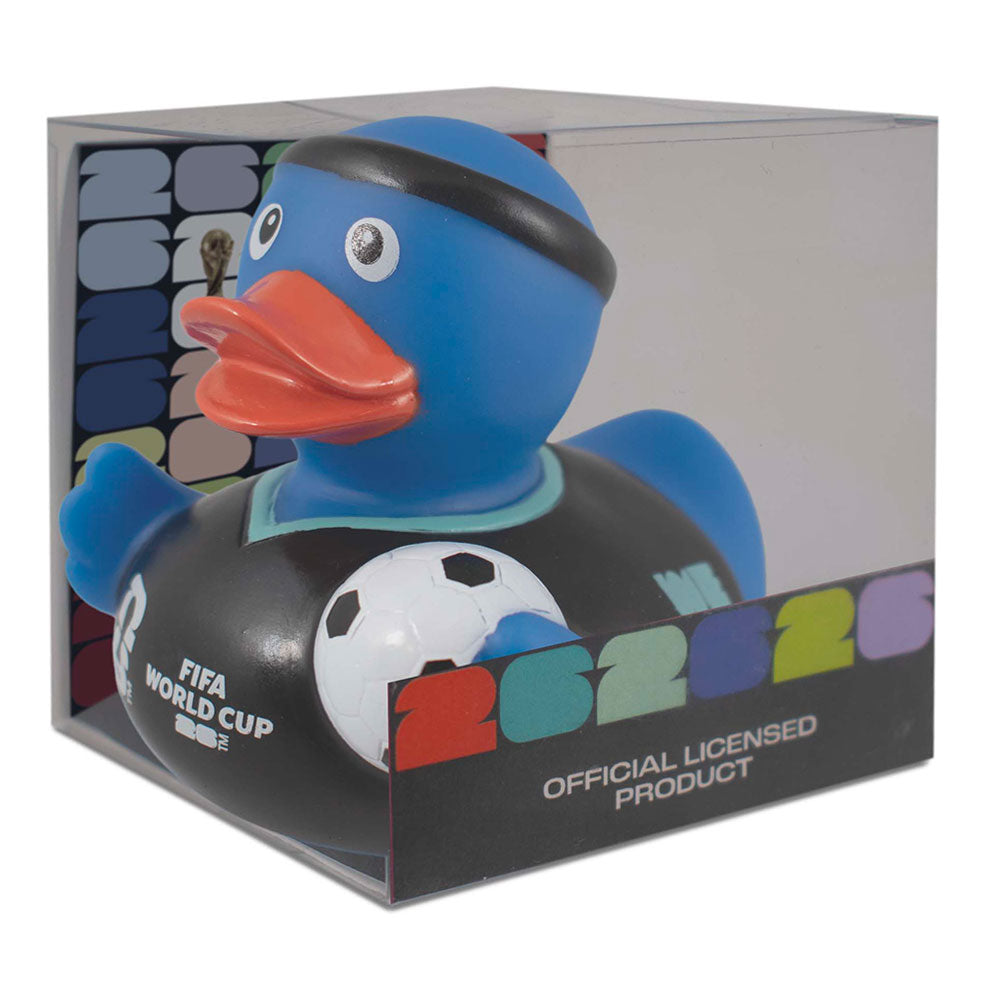 Blue FIFA World Cup 2026 rubber duck in a black referee kit holding a football — view 3