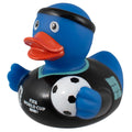 Blue FIFA World Cup 2026 rubber duck in a black referee kit holding a football