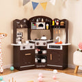 Corner wooden play kitchen set in brown with attached slide coffee machine and pretend play accessories