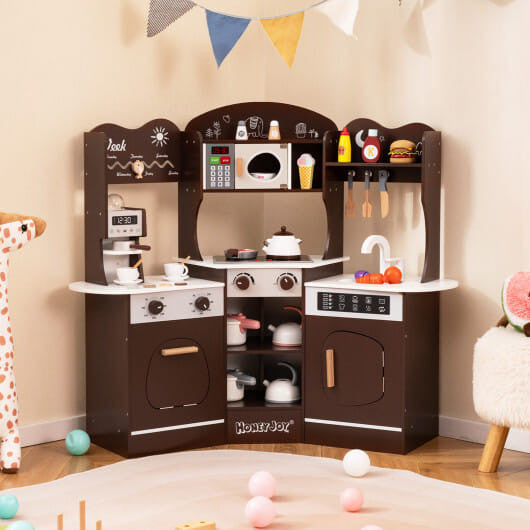 Corner wooden play kitchen set in brown with attached slide coffee machine and pretend play accessories