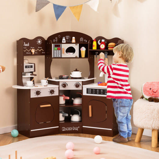 Corner wooden play kitchen set in brown with attached slide coffee machine and pretend play accessories — view 2