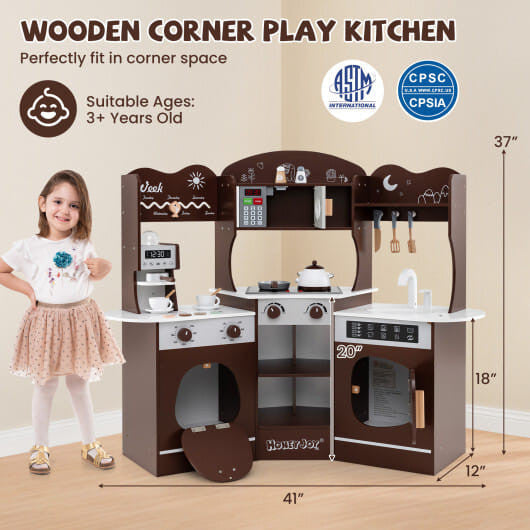 Corner wooden play kitchen set in brown with attached slide coffee machine and pretend play accessories — view 3