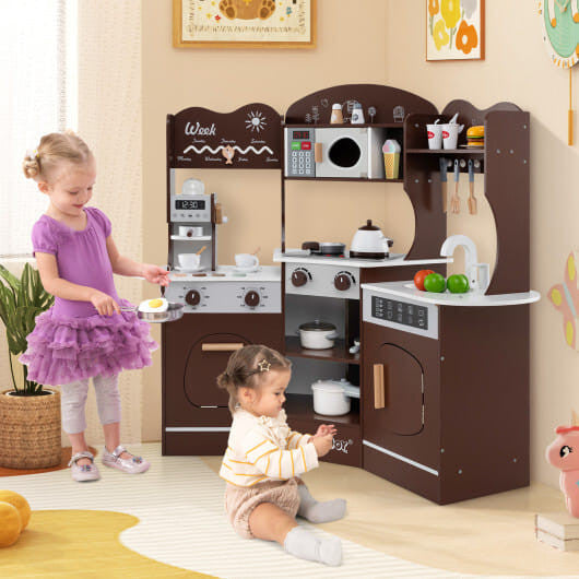 Corner wooden play kitchen set in brown with attached slide coffee machine and pretend play accessories — view 4