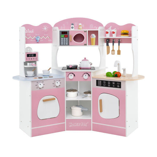 Corner wooden play kitchen set in brown with attached slide coffee machine and pretend play accessories — view 5