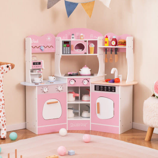 Corner wooden play kitchen set in brown with attached slide coffee machine and pretend play accessories — view 6