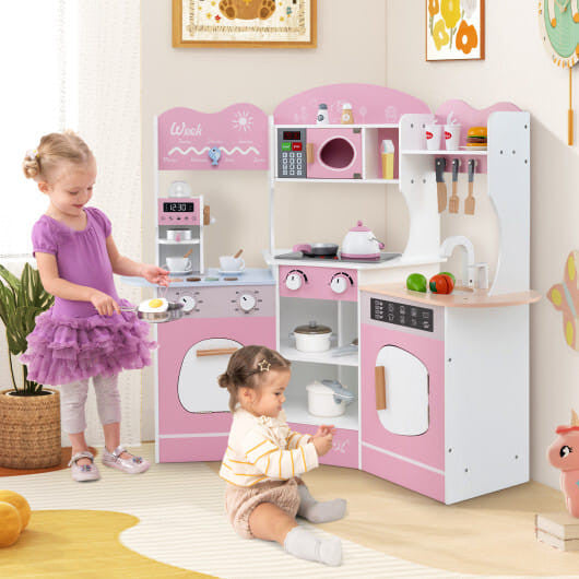 Corner wooden play kitchen set in brown with attached slide coffee machine and pretend play accessories — view 7