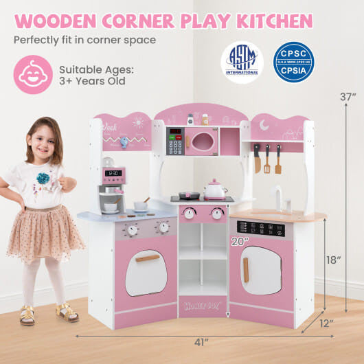 Corner wooden play kitchen set in brown with attached slide coffee machine and pretend play accessories — view 8