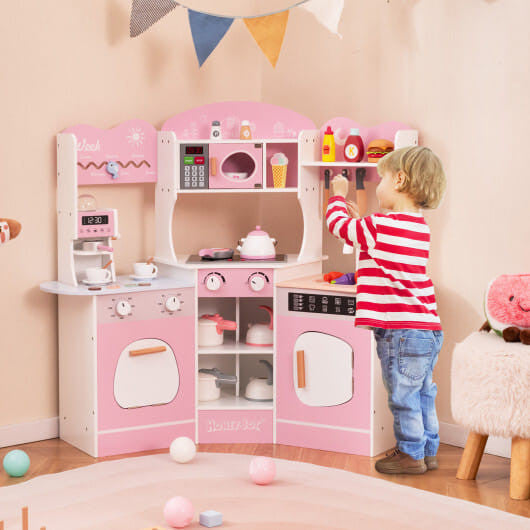 Corner wooden play kitchen set in brown with attached slide coffee machine and pretend play accessories — view 9