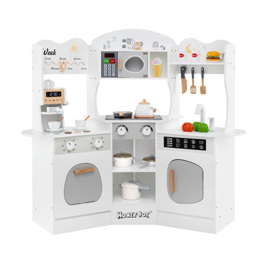 Corner wooden play kitchen set in brown with attached slide coffee machine and pretend play accessories — view 10