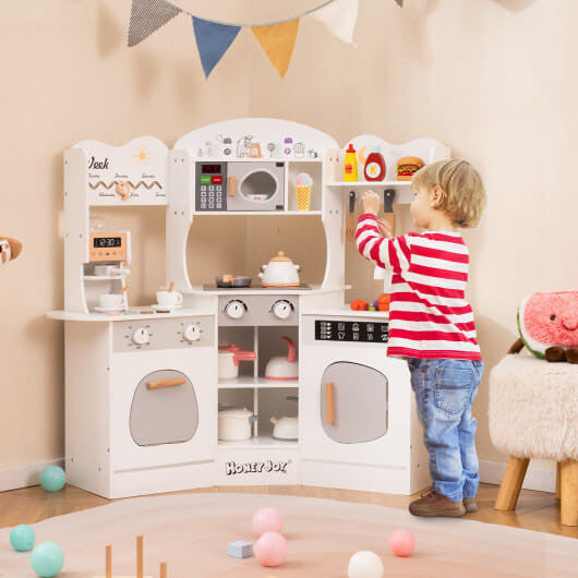 Corner wooden play kitchen set in brown with attached slide coffee machine and pretend play accessories — view 11