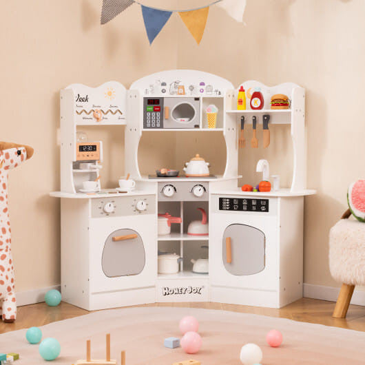Corner wooden play kitchen set in brown with attached slide coffee machine and pretend play accessories — view 12