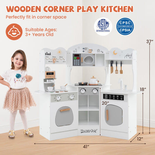 Corner wooden play kitchen set in brown with attached slide coffee machine and pretend play accessories — view 13
